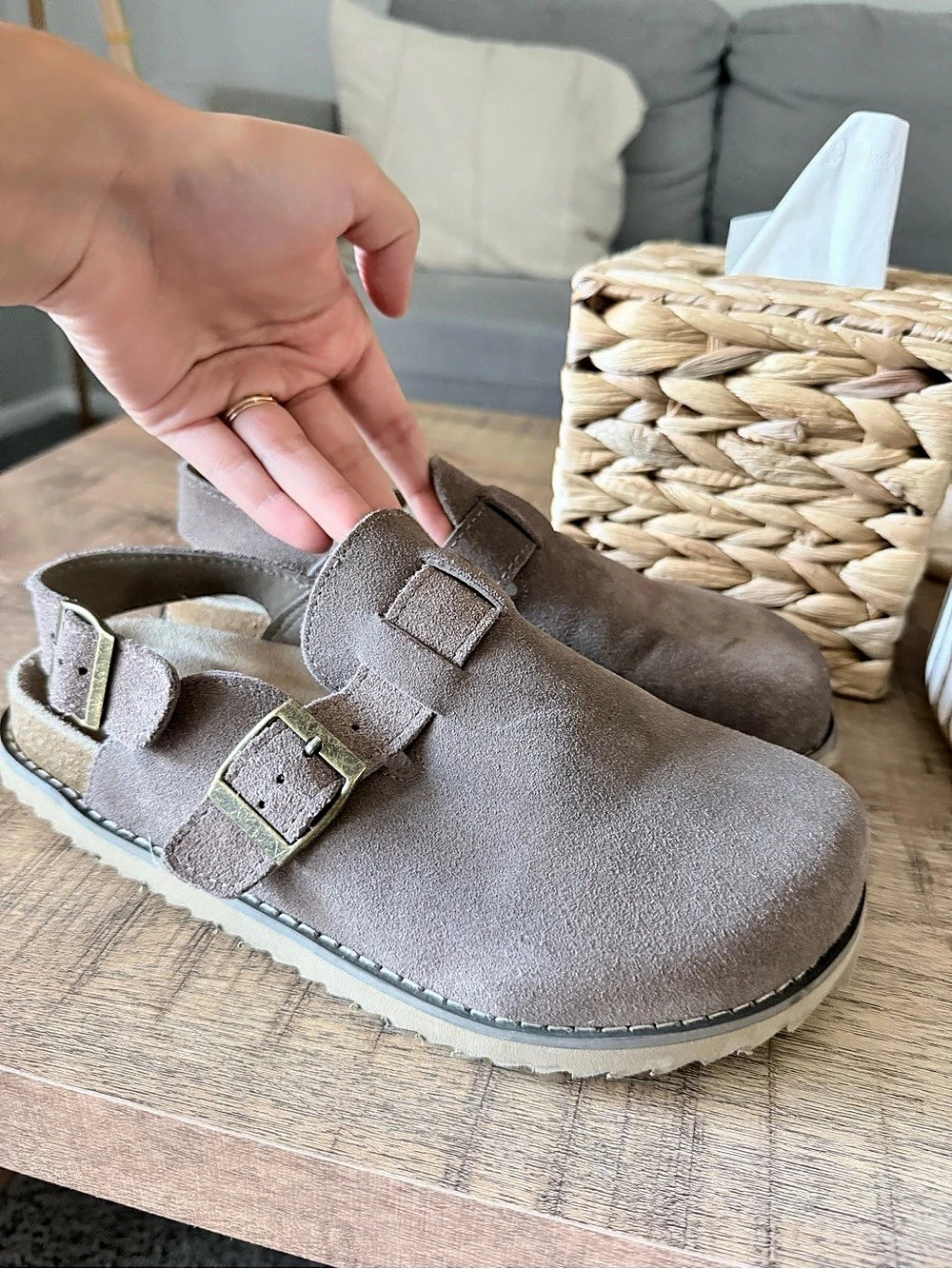 WILT Taupe Suede Slingback Clogs Buckle Shoes